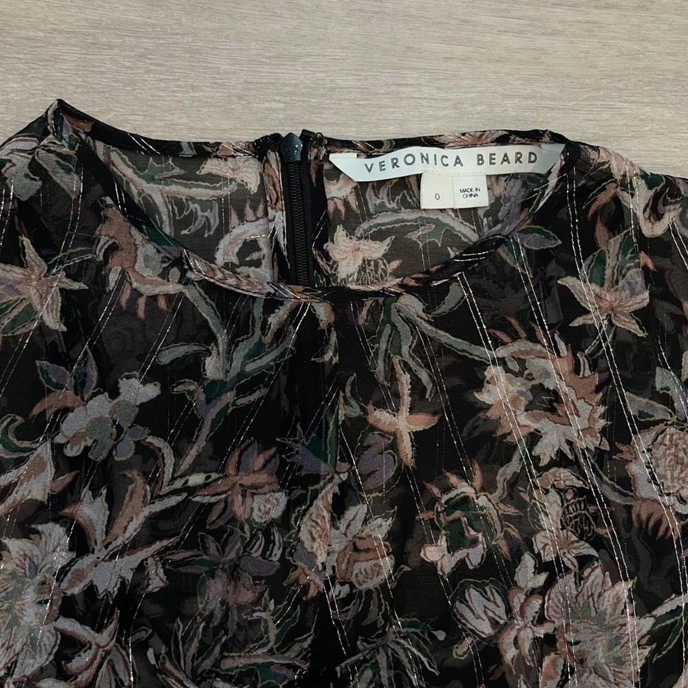 Veronica Beard Mitjana Floral Silk Dress Size 0 Black Ruched Sleeve Midi Chic - Picture 5 of 16